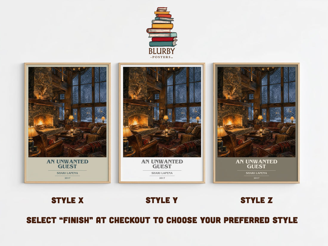 An Unwanted Guest book cover print in frame leaning in hallway – thriller wall art (mockup)