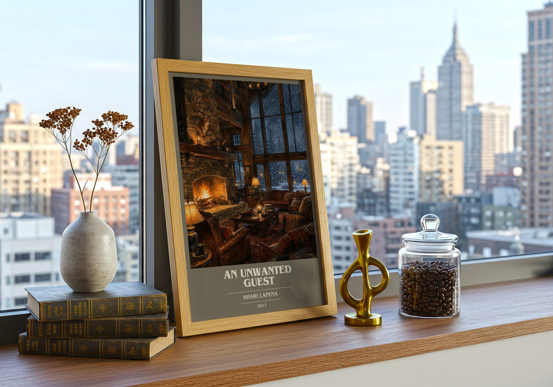 An Unwanted Guest book cover print framed by window – literary home decor