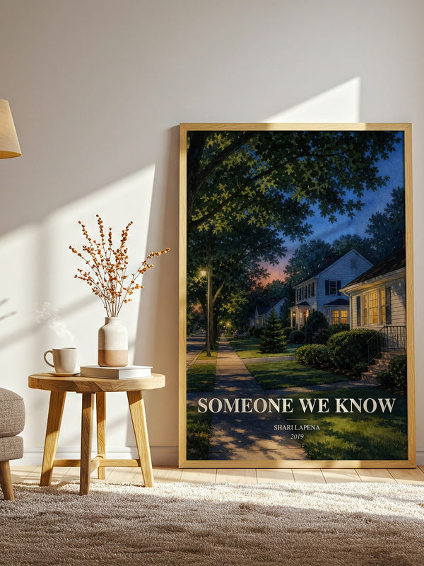 Someone We Know watercolour print in frame leaning in hallway – thriller wall art