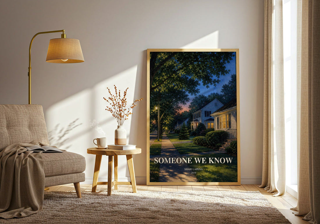 Someone We Know watercolour print in frame leaning in hallway – thriller wall art (mockup)