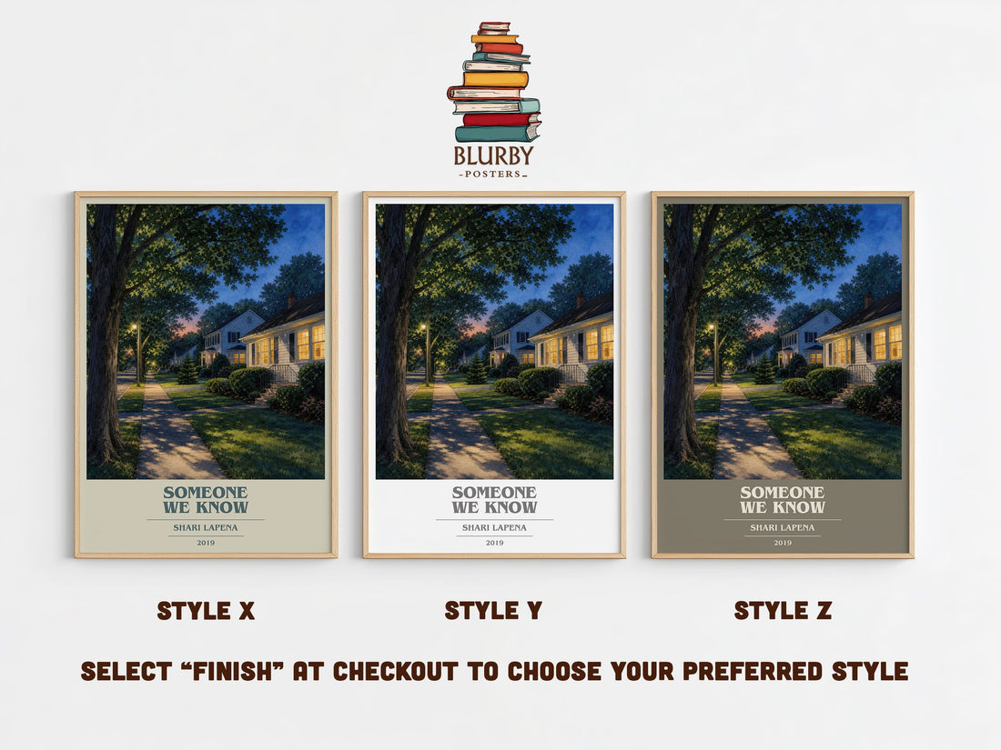 Someone We Know book cover print in frame leaning in hallway – thriller wall art (mockup)