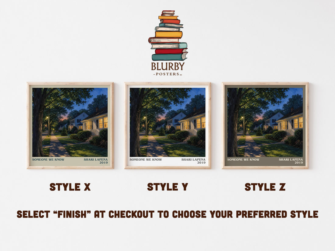 Someone We Know literary print in frame leaning in hallway – thriller wall art (mockup)
