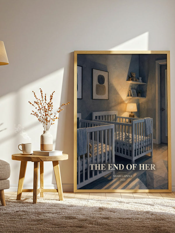 The End of Her watercolour print in frame leaning in hallway – thriller wall art
