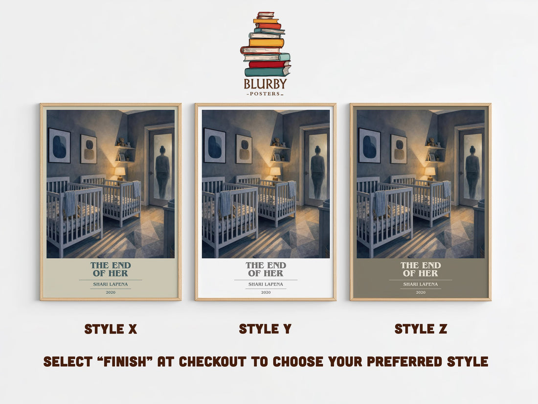 The End of Her book cover print in frame leaning in hallway – thriller wall art (mockup)