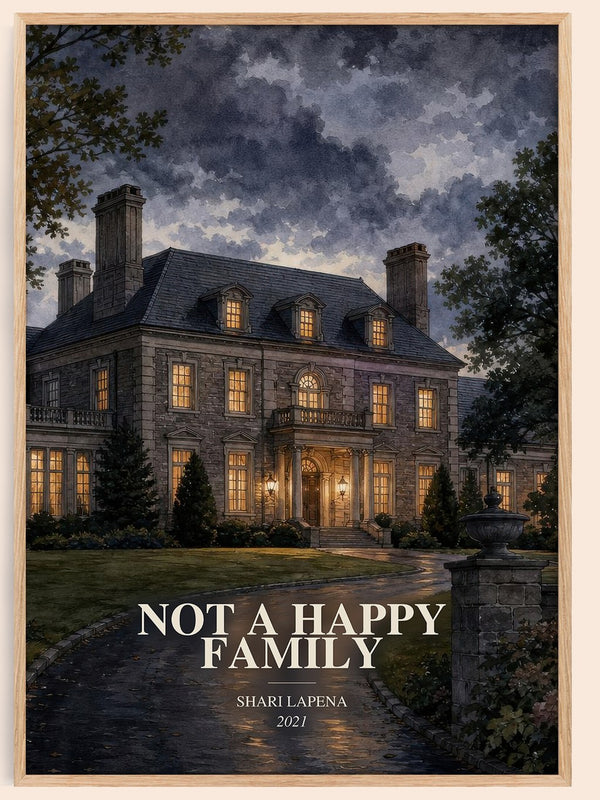 Not a Happy Family watercolour book poster by Shari Lapena – framed literary art print
