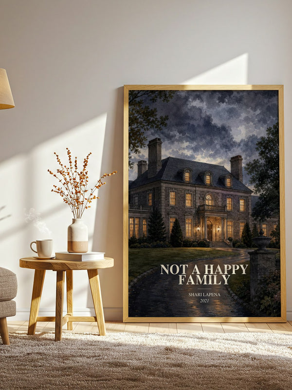 Not a Happy Family watercolour print in frame leaning in hallway – thriller wall art