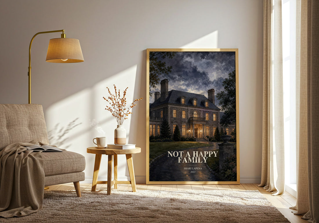 Not a Happy Family watercolour print in frame leaning in hallway – thriller wall art (mockup)