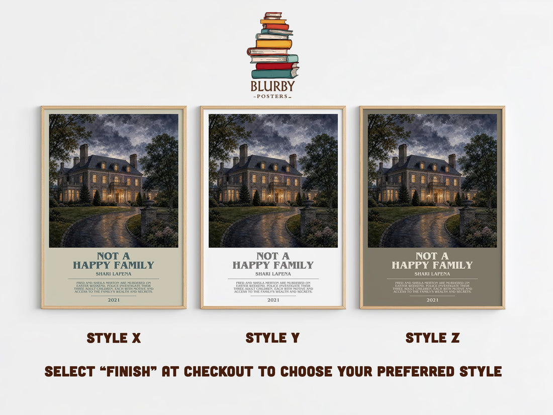 Not a Happy Family bookish print in frame leaning in hallway – thriller wall art (mockup)