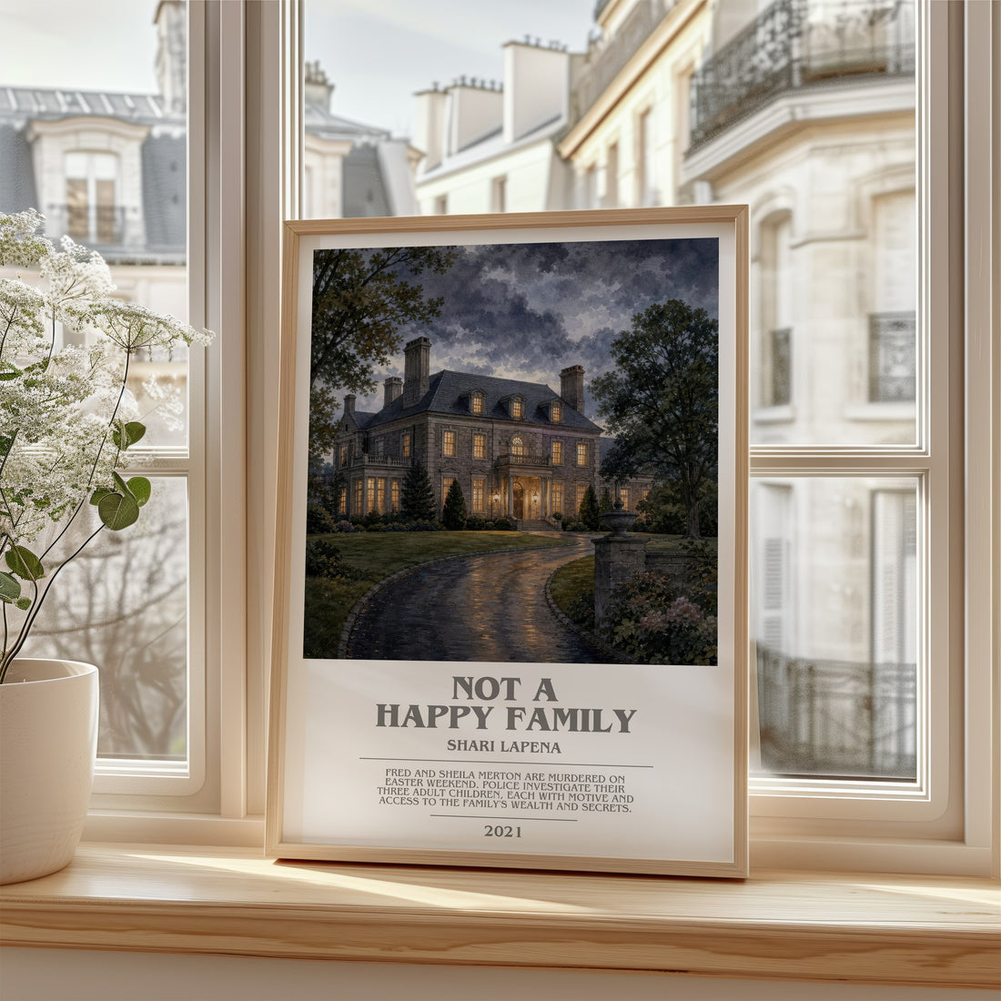 Not a Happy Family bookish poster colour and style options – Shari Lapena book art