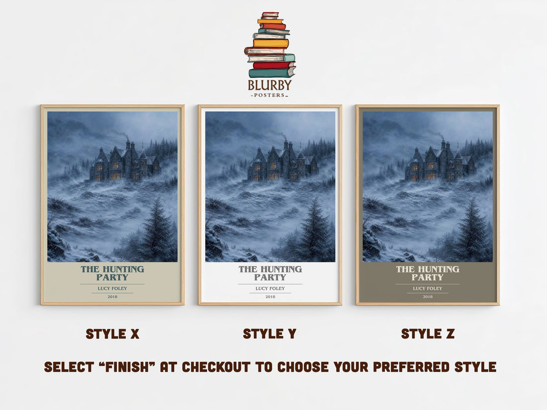 The Hunting Party book cover print in frame leaning in hallway – thriller wall art (mockup)
