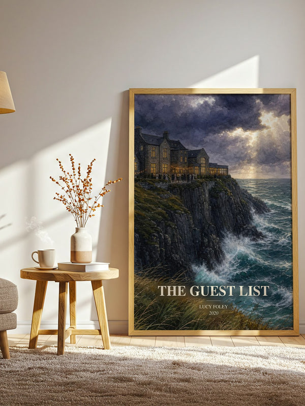 The Guest List watercolour print in frame leaning in hallway – thriller wall art