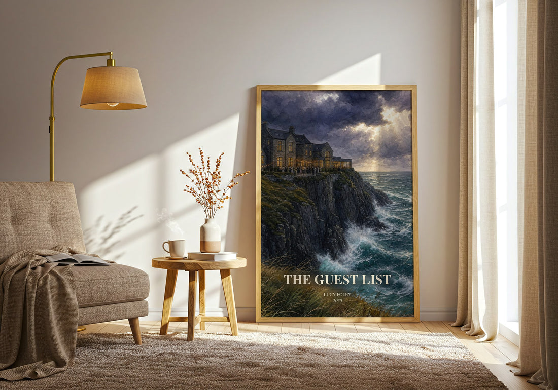 The Guest List watercolour print in frame leaning in hallway – thriller wall art (mockup)
