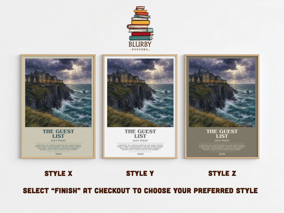 The Guest List bookish print in frame leaning in hallway – thriller wall art (mockup)
