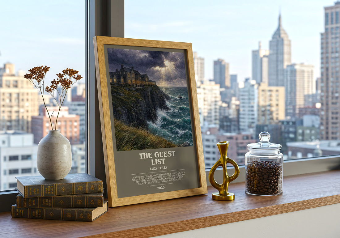 The Guest List bookish print framed by window – literary home decor
