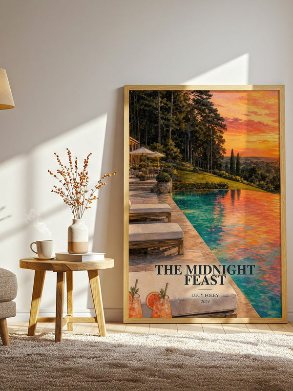 The Midnight Feast watercolour print in frame leaning in hallway – thriller wall art