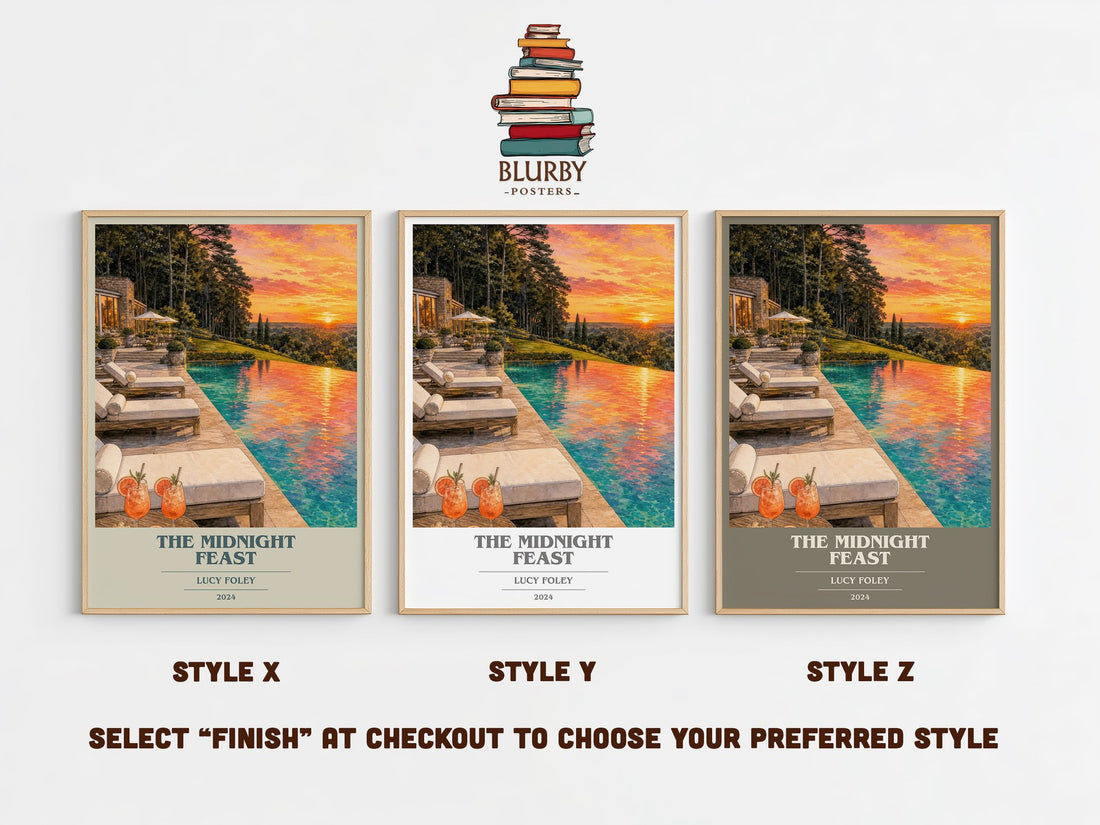 The Midnight Feast book cover print in frame leaning in hallway – thriller wall art (mockup)