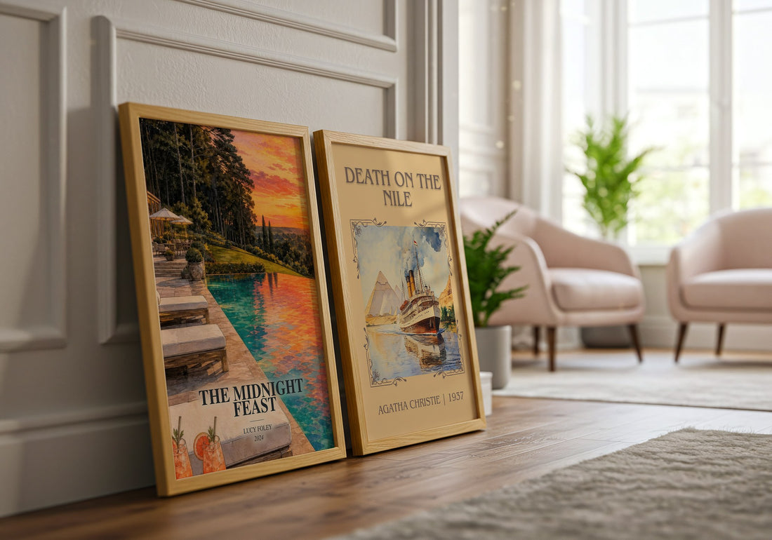 The Midnight Feast watercolour print framed by window – literary home decor