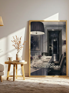 Behind Closed Doors watercolour print in frame leaning in hallway – thriller wall art
