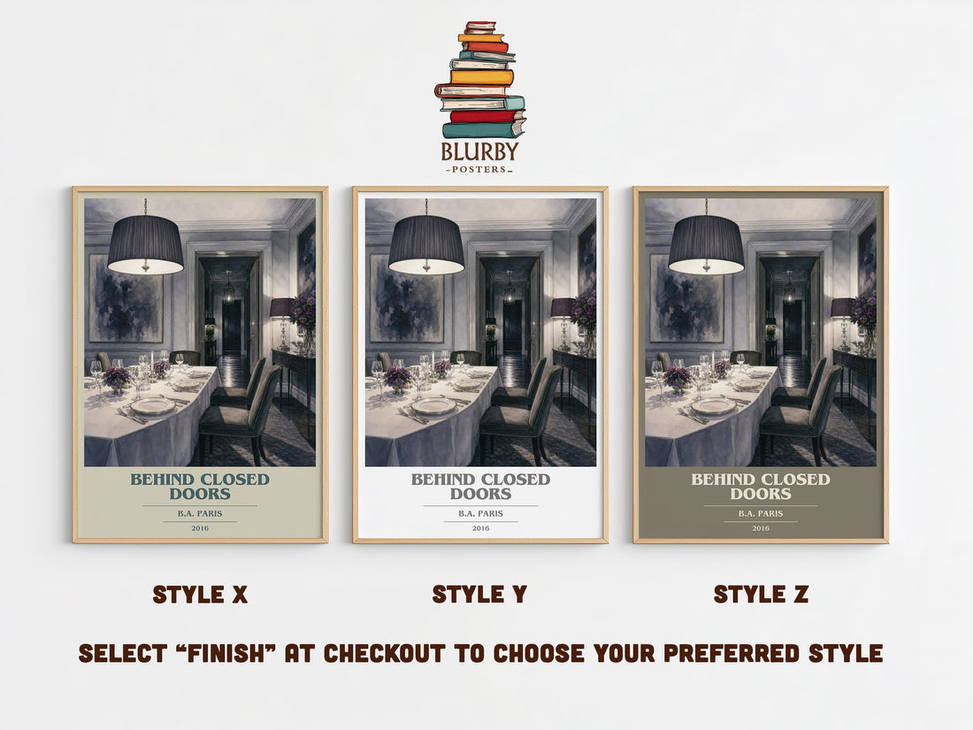 Behind Closed Doors book cover print in frame leaning in hallway – thriller wall art (mockup)