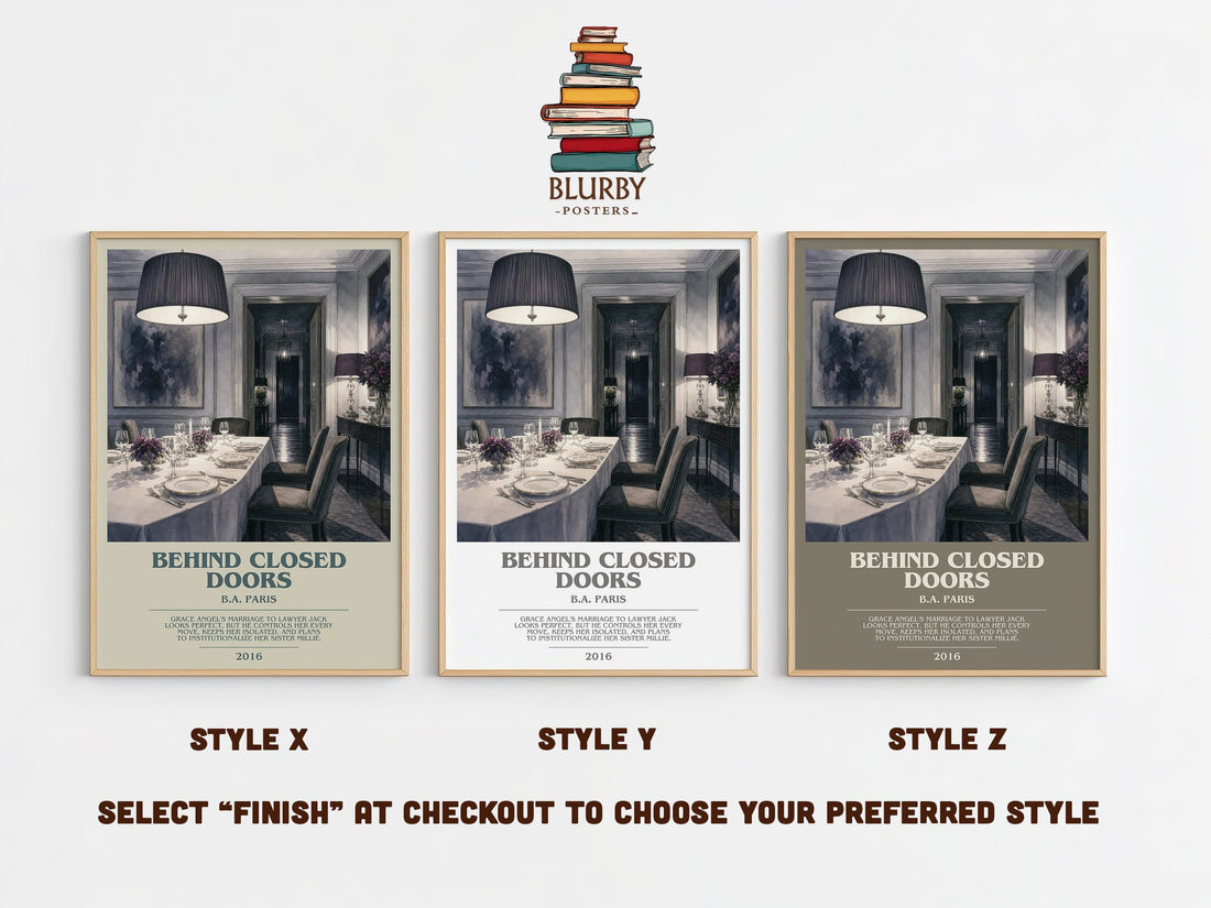 Behind Closed Doors bookish print in frame leaning in hallway – thriller wall art (mockup)