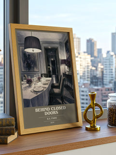 Behind Closed Doors book cover print framed by window – literary home decor