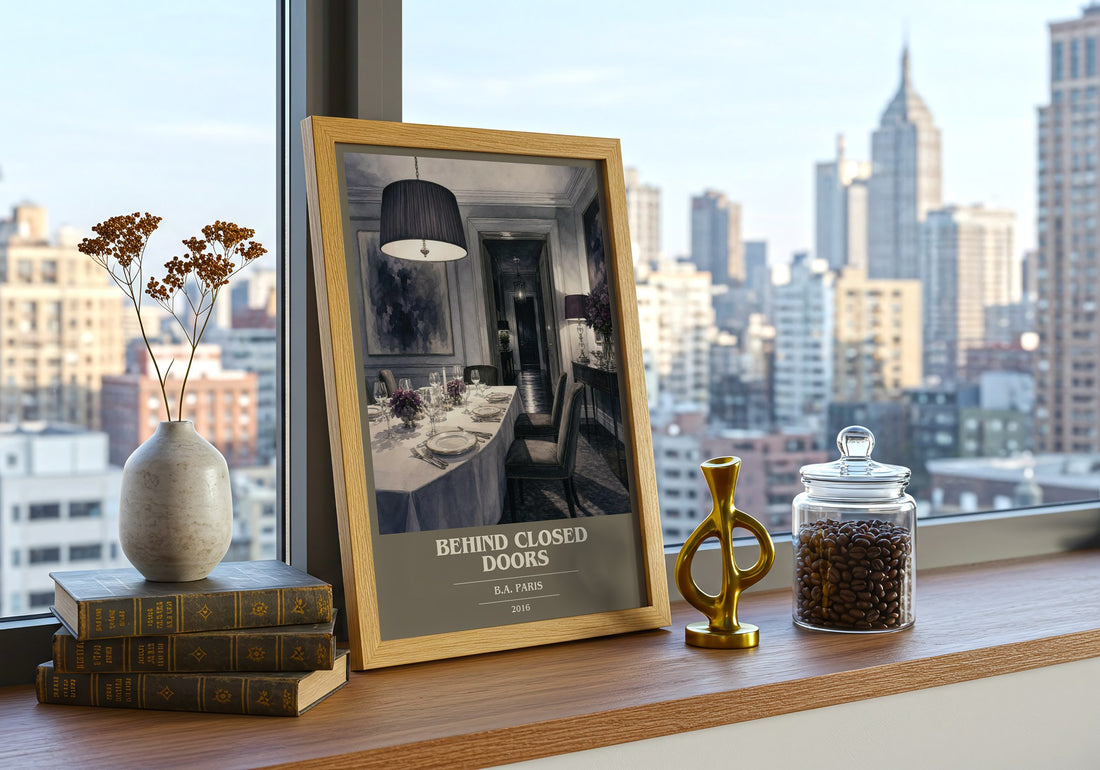 Behind Closed Doors book cover print framed by window – literary home decor