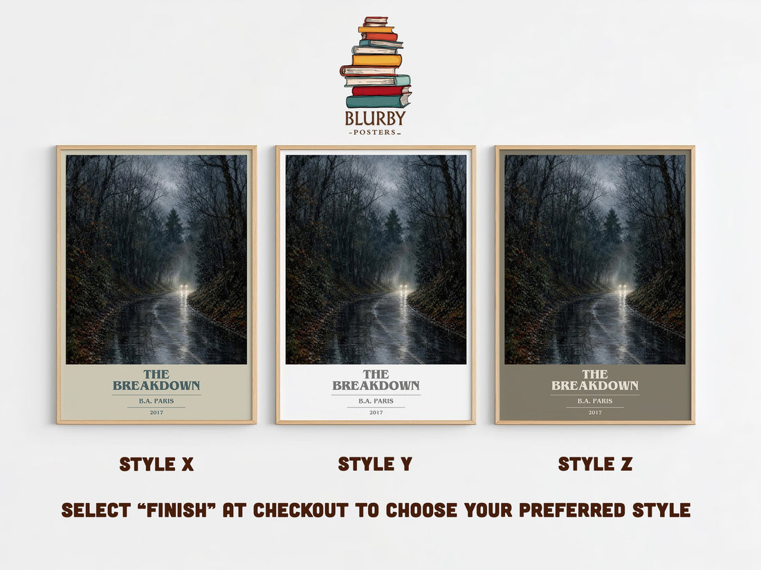 The Breakdown book cover print in frame leaning in hallway – thriller wall art (mockup)