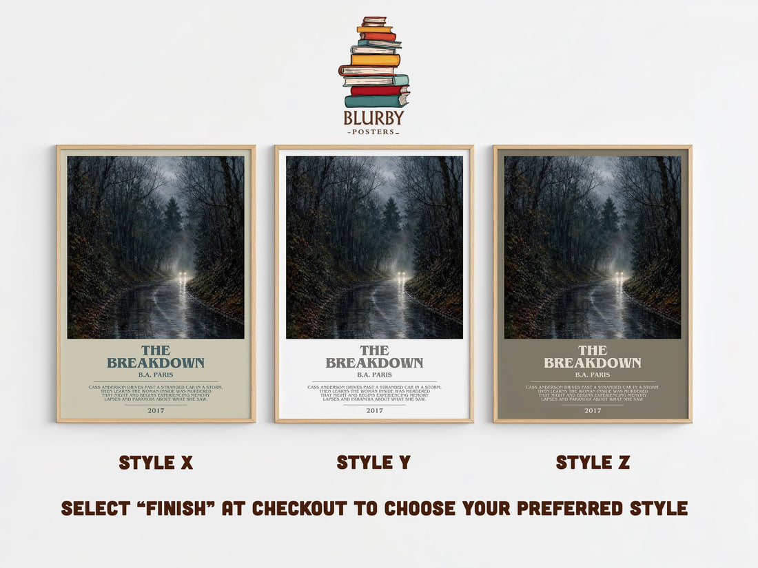 The Breakdown bookish print in frame leaning in hallway – thriller wall art (mockup)