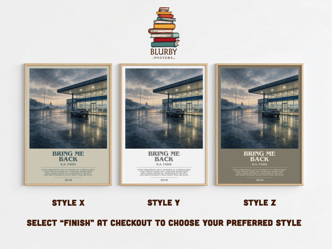 Bring Me Back bookish print in frame leaning in hallway – thriller wall art (mockup)