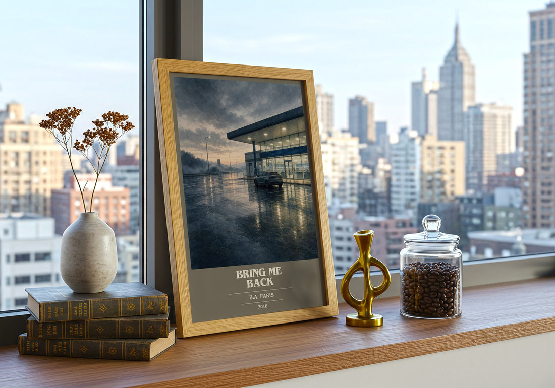 Bring Me Back book cover print framed by window – literary home decor