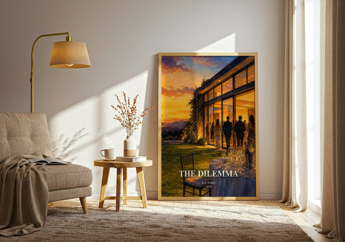 The Dilemma watercolour print in frame leaning in hallway – thriller wall art (mockup)