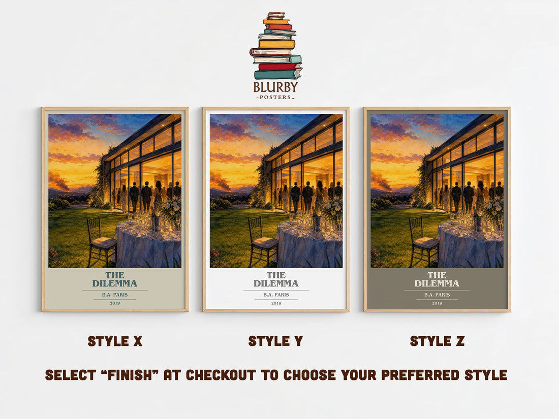 The Dilemma book cover print in frame leaning in hallway – thriller wall art (mockup)