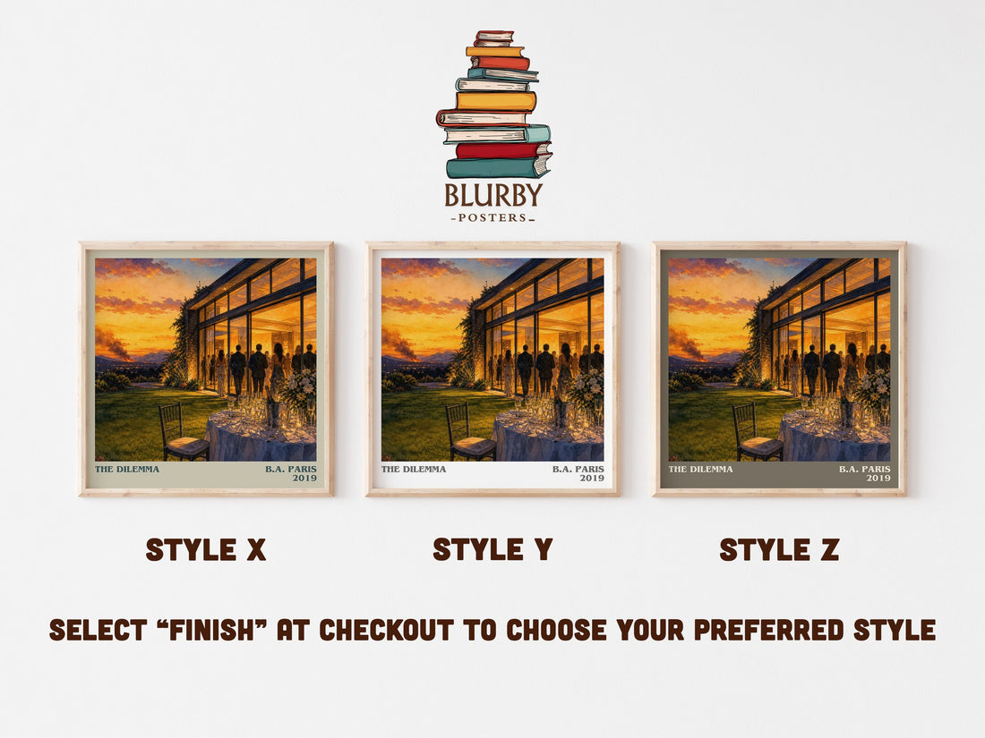 The Dilemma literary print in frame leaning in hallway – thriller wall art (mockup)
