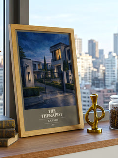 The Therapist book cover print framed by window – literary home decor