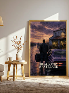 Blacktop Wasteland watercolour print in frame leaning in hallway – crime wall art