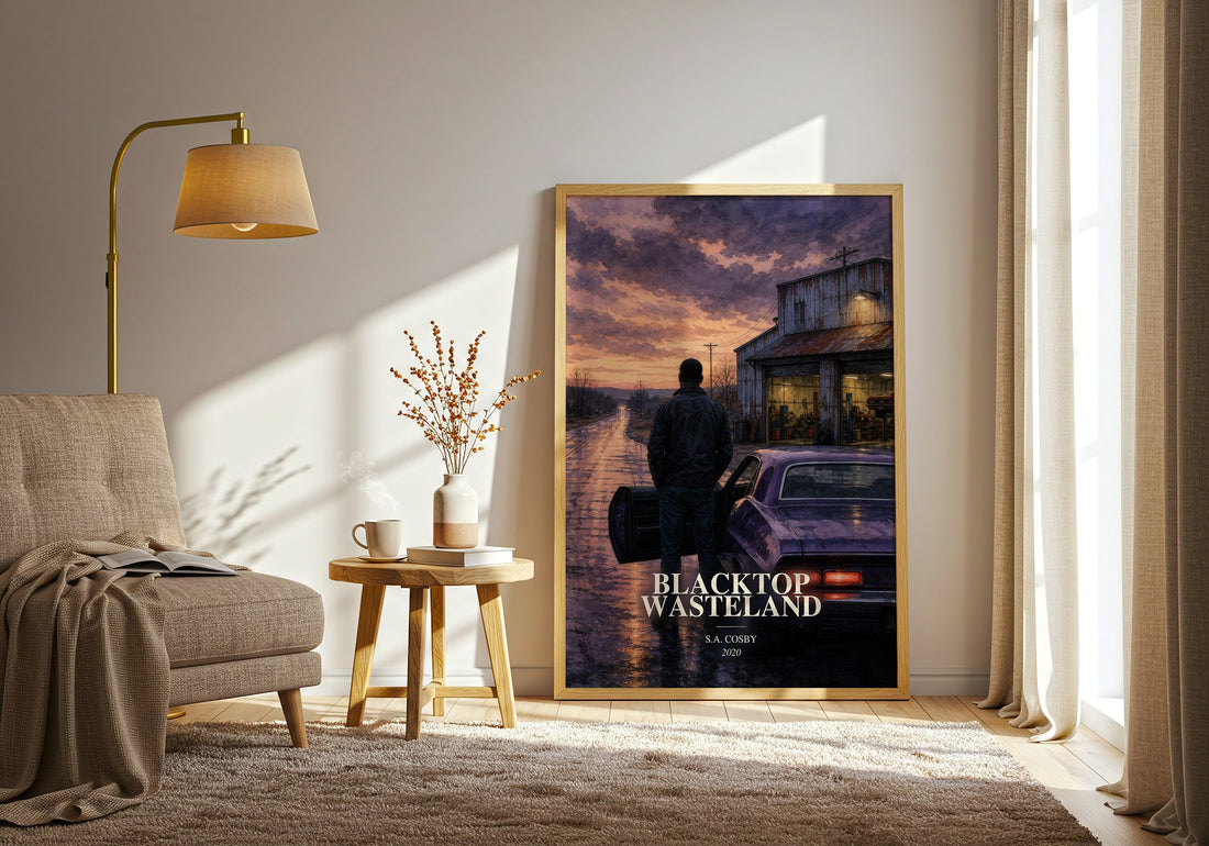 Blacktop Wasteland watercolour print in frame leaning in hallway – crime wall art (mockup)