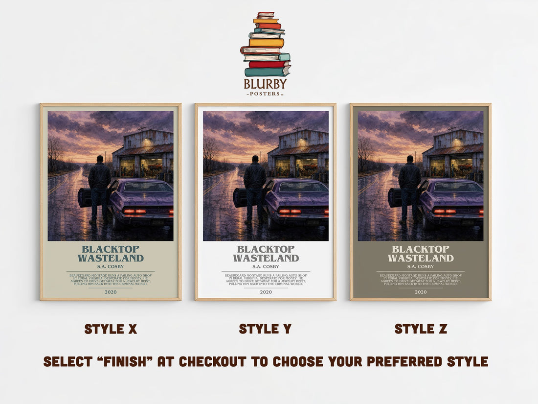Blacktop Wasteland bookish print in frame leaning in hallway – crime wall art (mockup)