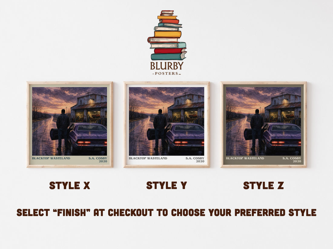 Blacktop Wasteland literary print in frame leaning in hallway – crime wall art (mockup)