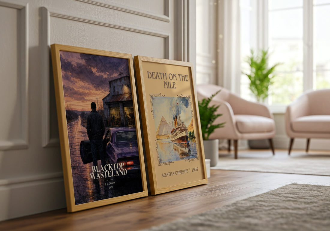 Blacktop Wasteland watercolour print framed by window – literary home decor