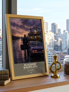 Blacktop Wasteland book cover print framed by window – literary home decor