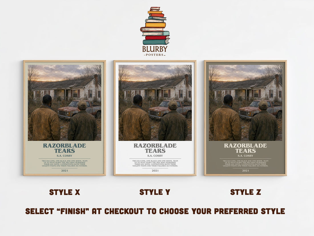 Razorblade Tears bookish print in frame leaning in hallway – crime wall art (mockup)
