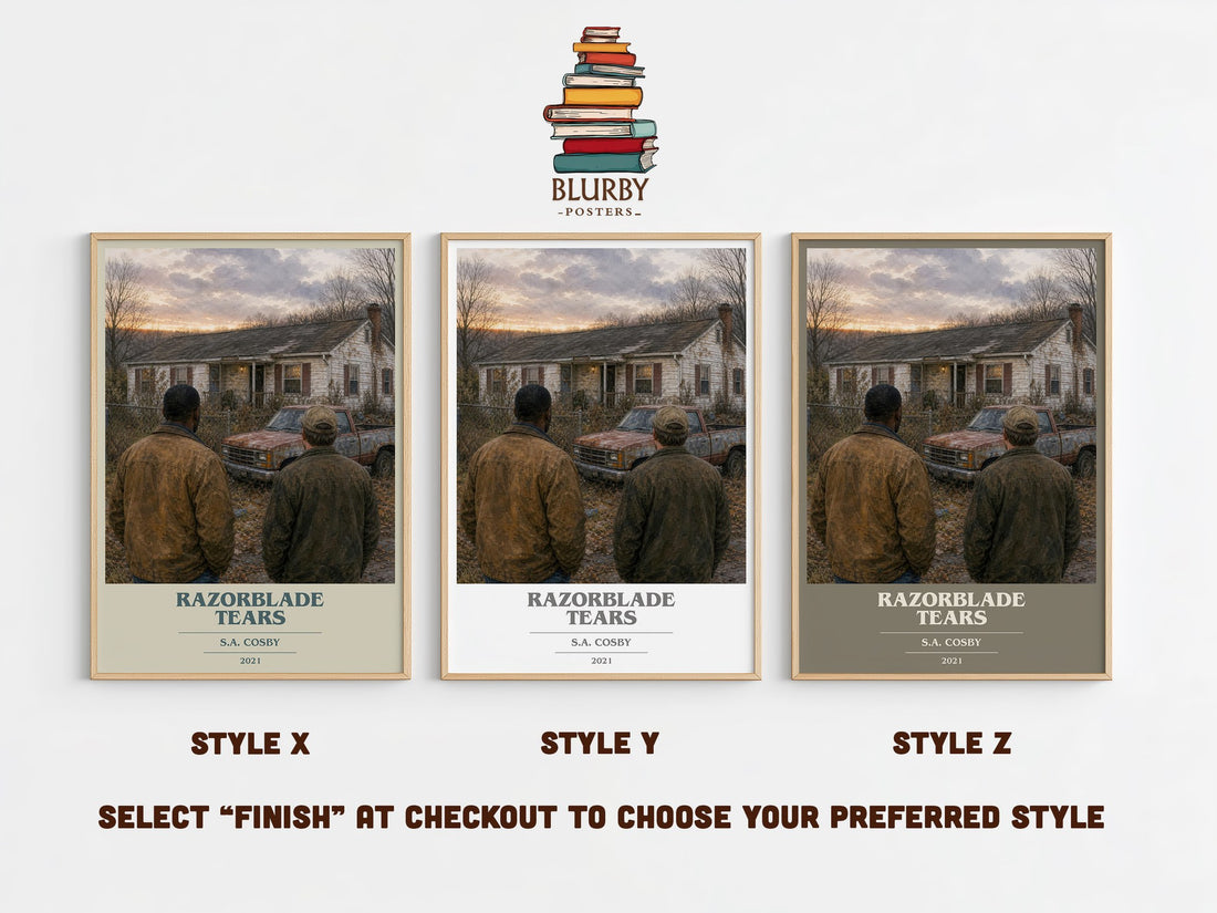 Razorblade Tears book cover print in frame leaning in hallway – crime wall art (mockup)