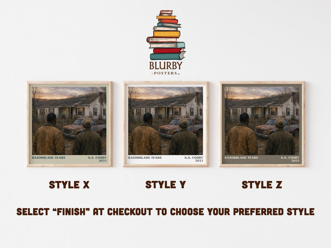Razorblade Tears literary print in frame leaning in hallway – crime wall art (mockup)