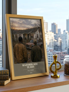 Razorblade Tears book cover print framed by window – literary home decor