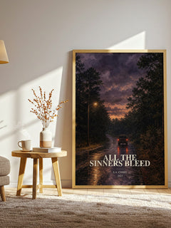 All the Sinners Bleed watercolour print in frame leaning in hallway – crime wall art
