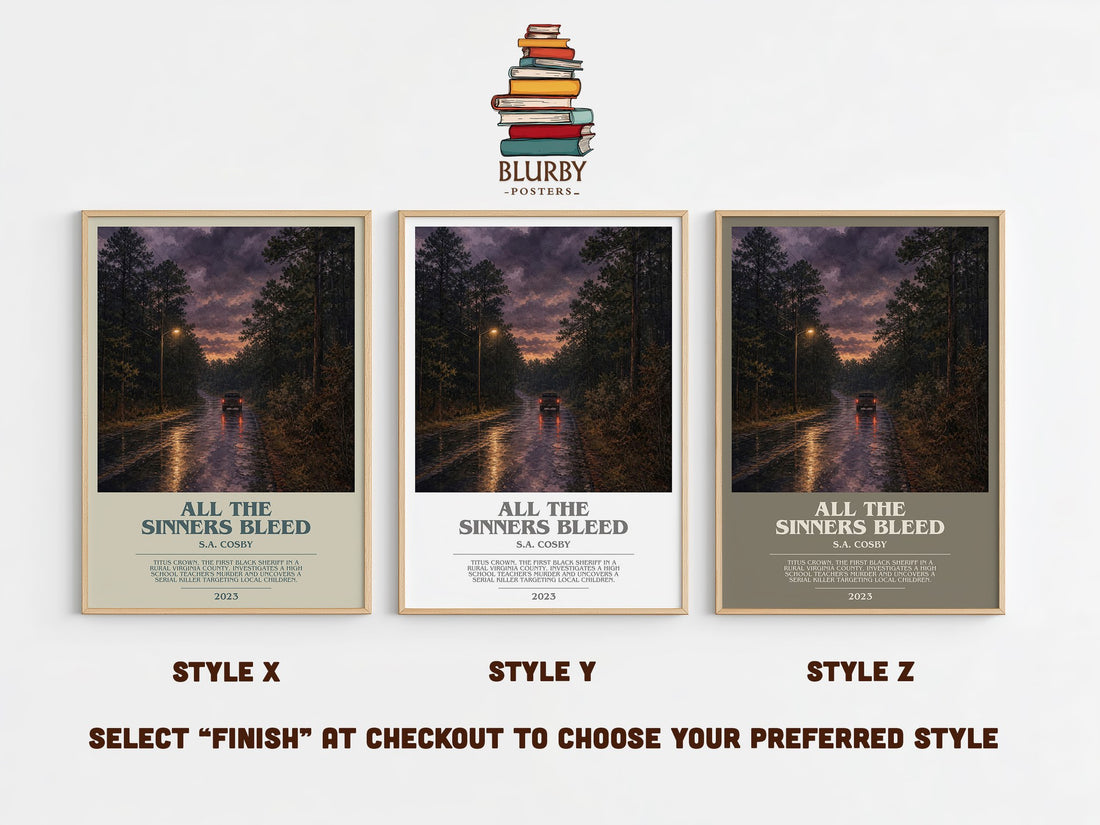 All the Sinners Bleed bookish print in frame leaning in hallway – crime wall art (mockup)