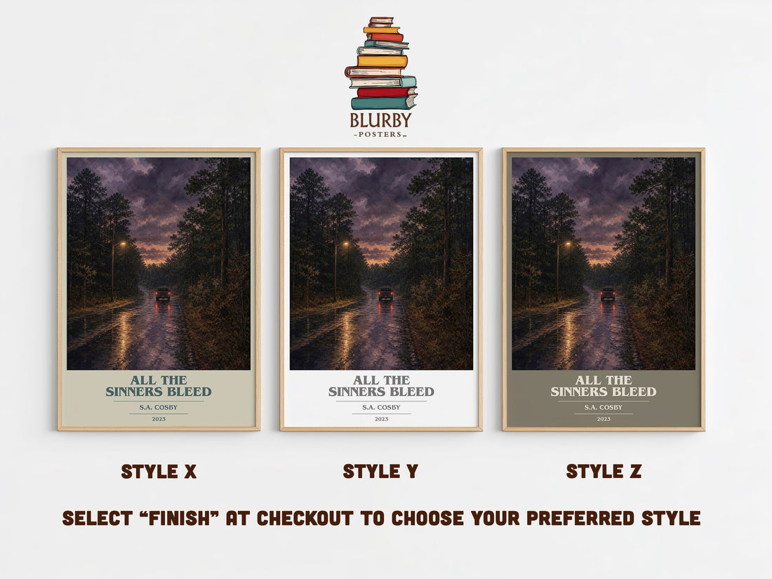 All the Sinners Bleed book cover print in frame leaning in hallway – crime wall art (mockup)