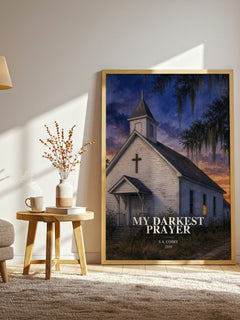 My Darkest Prayer watercolour print in frame leaning in hallway – crime wall art