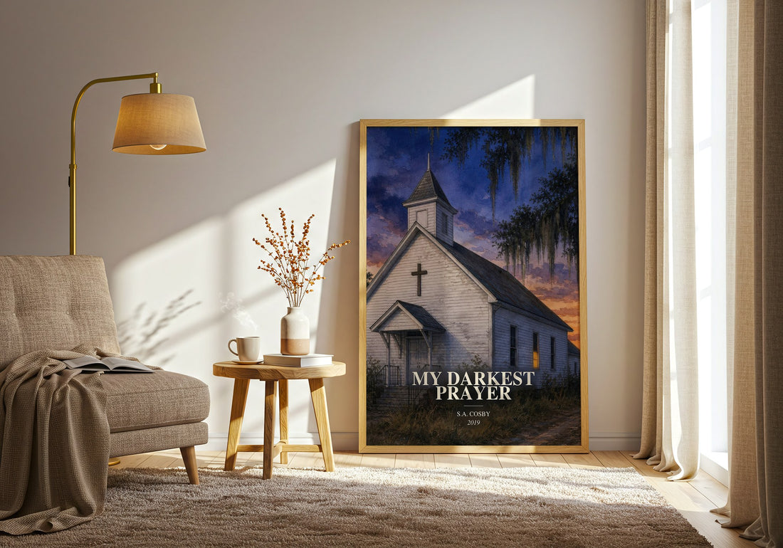 My Darkest Prayer watercolour print in frame leaning in hallway – crime wall art (mockup)