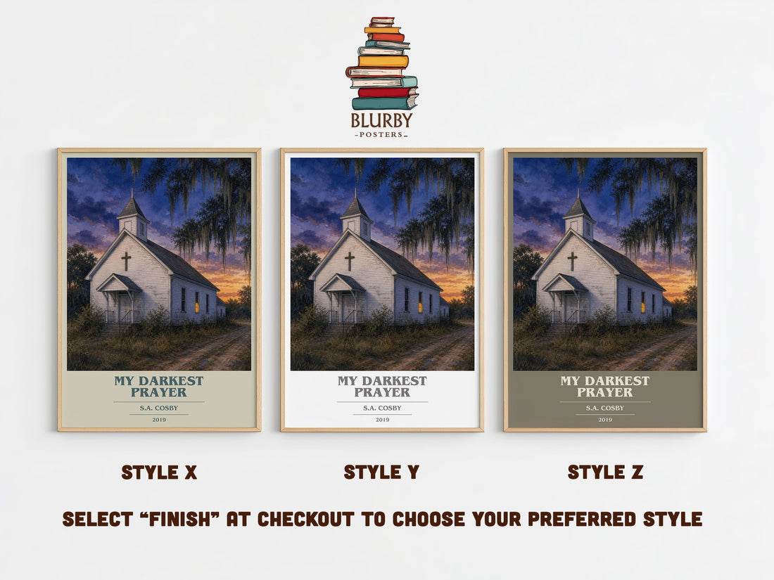 My Darkest Prayer book cover print in frame leaning in hallway – crime wall art (mockup)